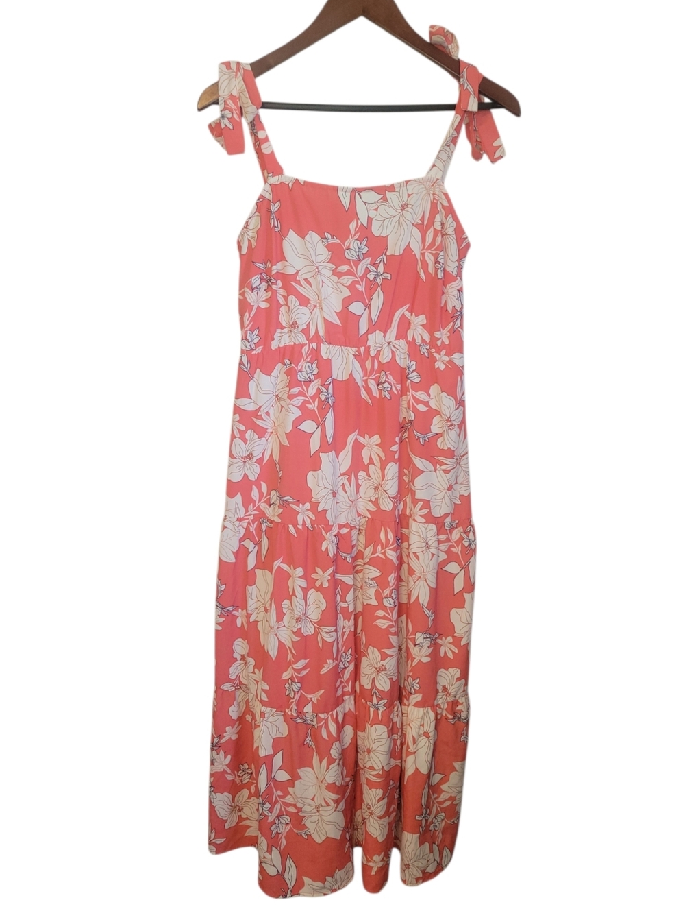 Social Standard Sanctuary Maxi Dress Small Coral Floral Tiered Tie Strap Resort - Picture 2 of 9